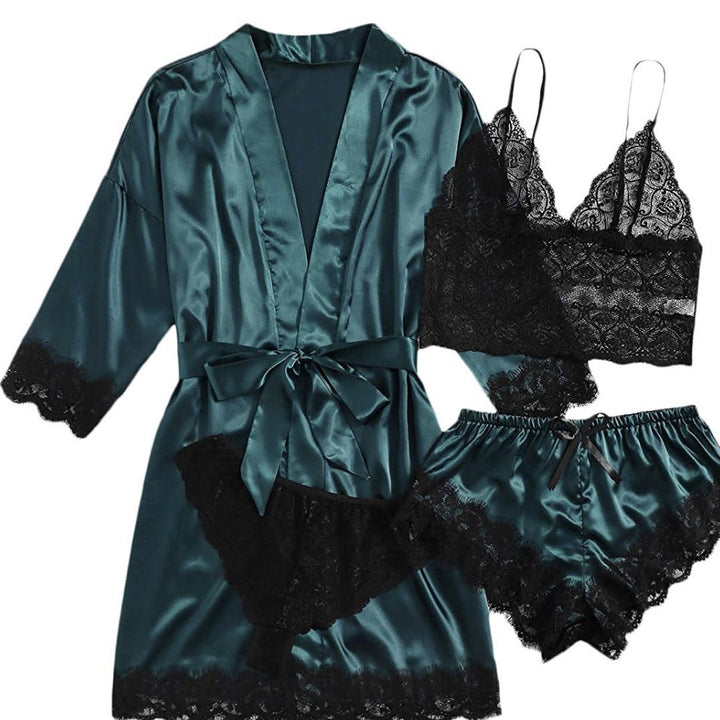 Satin Lace 4-Piece Lingerie Sleepwear Set