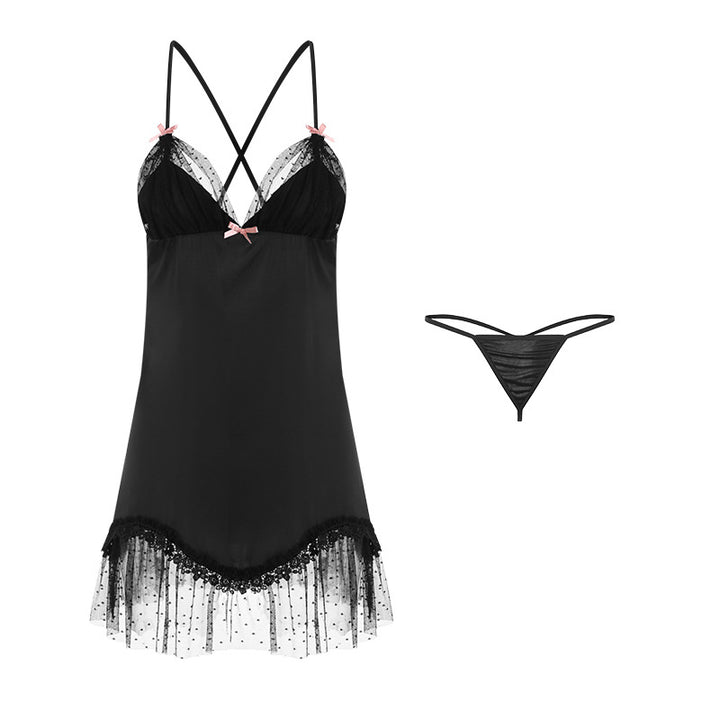 Satin Lace Sheer Lingerie Nightdress – Sexy Spaghetti Strap Babydoll Set