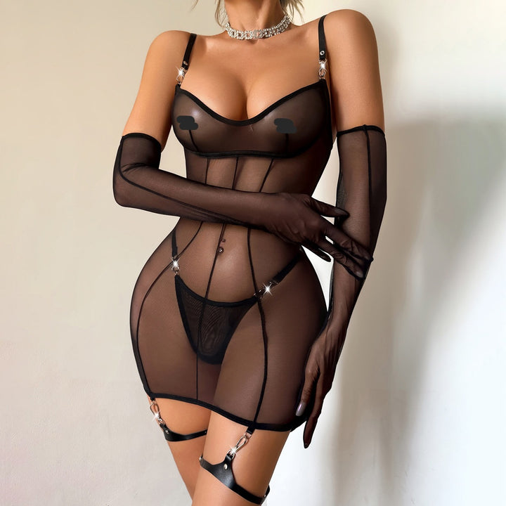 Sexy Sheer Mesh Mini Dress with PU Leather Thigh Rings