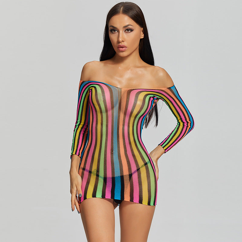 Off-Shoulder Sheer Mesh Striped Mini Dress