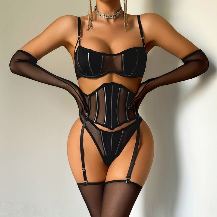 Sexy Sheer Corset Garter Set with Gloves