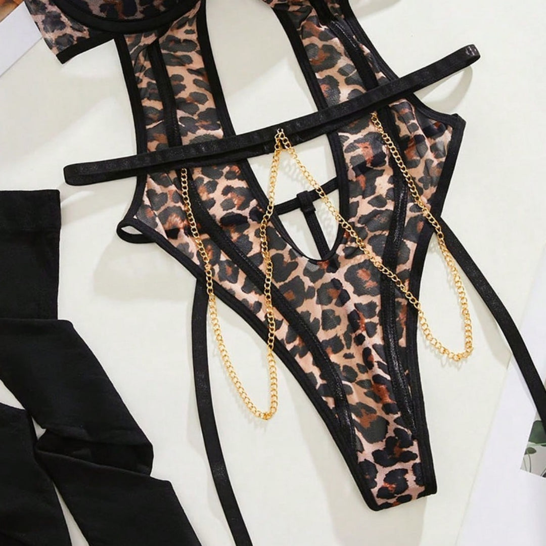 Leopard Print Chain Garter Lingerie Set