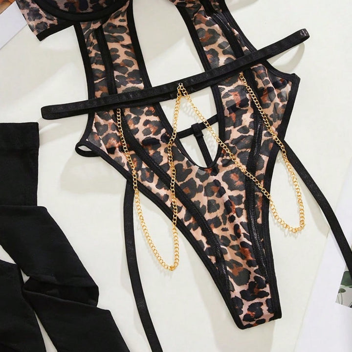 Leopard Print Chain Garter Lingerie Set
