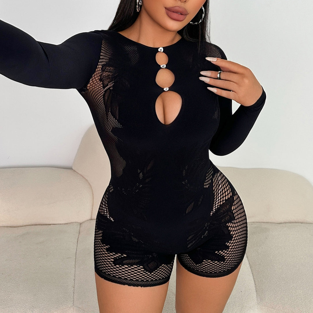 Long-Sleeve Mesh & Lace Patchwork Bodysuit
