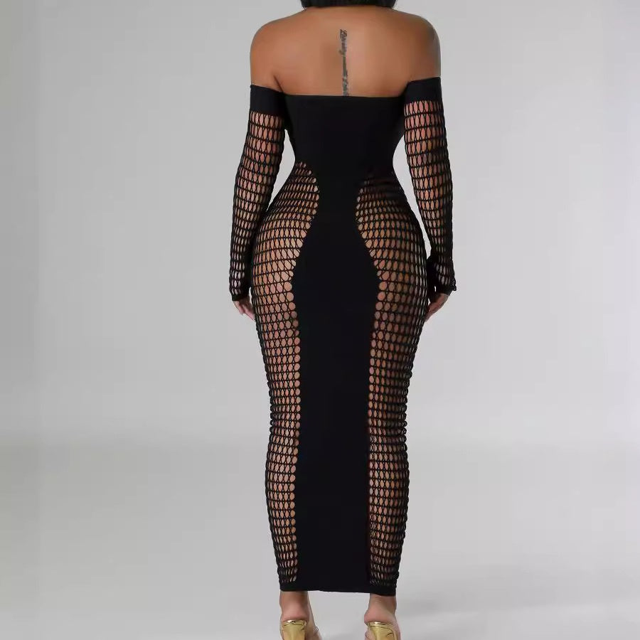 Off-Shoulder Hollow Circle Fishnet Maxi Dress