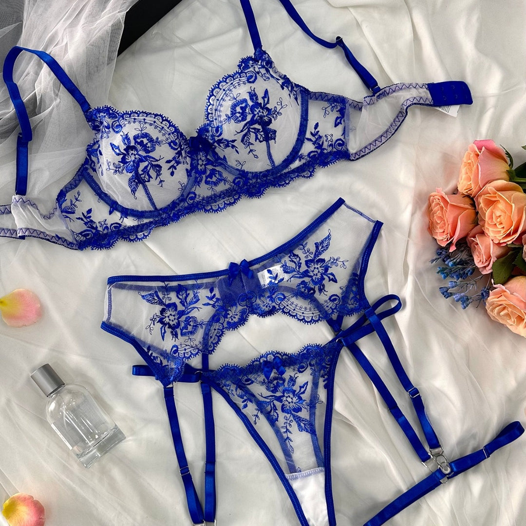 Sexy Lace Floral Bra & Garter Thong Set