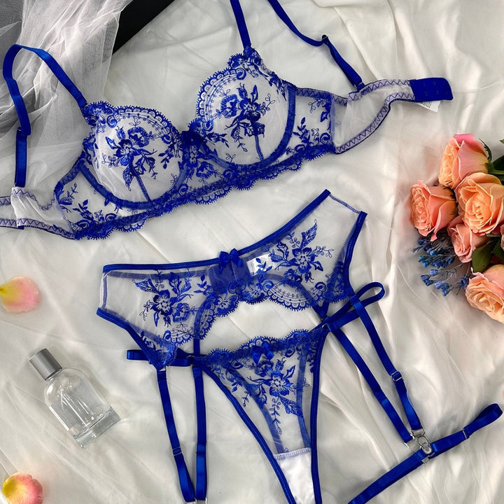 Sexy Lace Floral Bra & Garter Thong Set