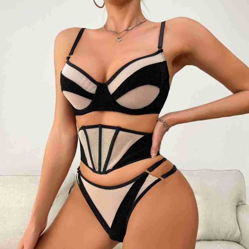 Black Glitter Mesh Cutout Lingerie Set