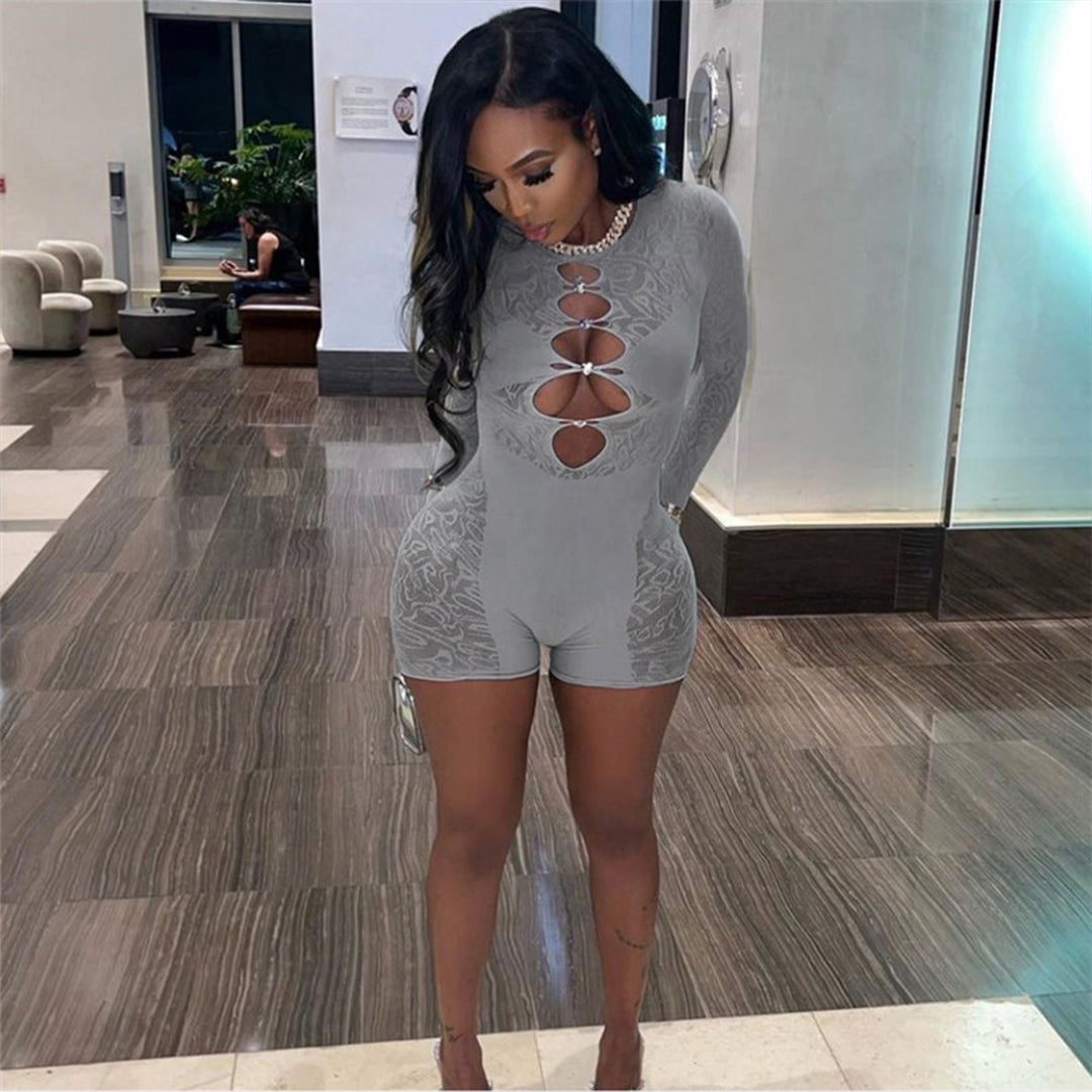Jeweled Keyhole Floral Lace Long-Sleeve Romper