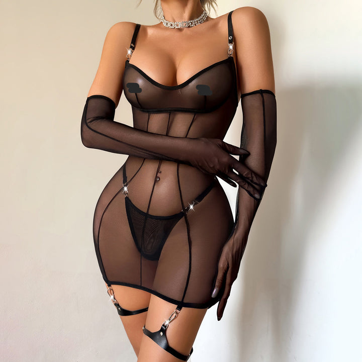 Sheer Mesh Corset Mini Bodysuit with Garter