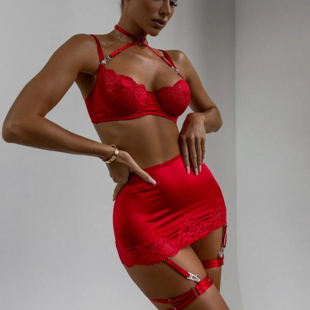 Lace Bra & Satin Garter Skirt Set
