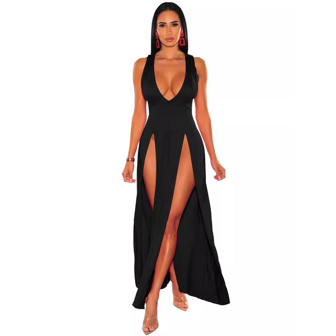 Deep V-Neck High Slit Maxi Dress