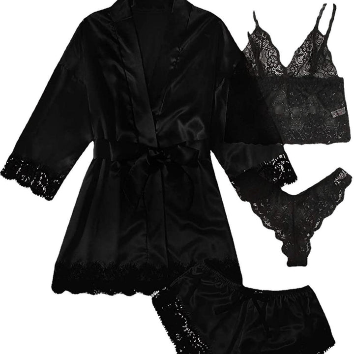 Satin Lace 4-Piece Lingerie Sleepwear Set