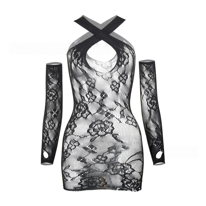 Cross-Neck Lace Long-Sleeve Mini Dress