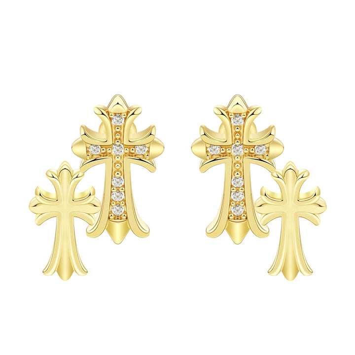 Double Cross Gold/Silver Diamond-Inlaid Earrings