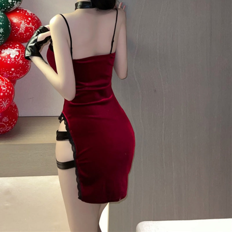 Velvet Side-Slit Strappy Mini Dress Set