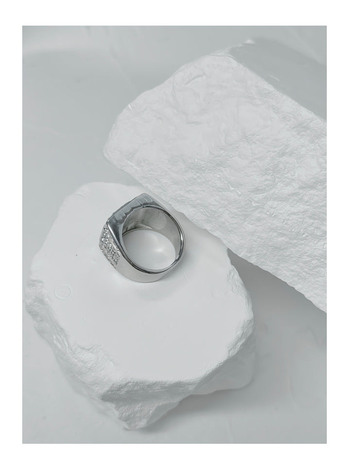 Silver full diamond geometric wide face ring