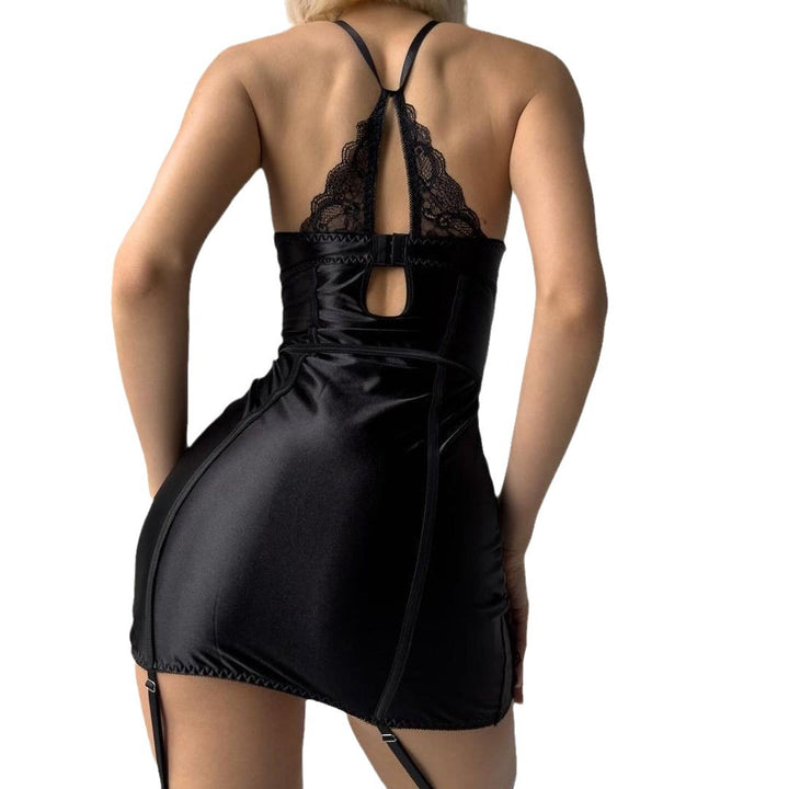 Sexy Lace Satin Lingerie Mini Dress with Garter Straps