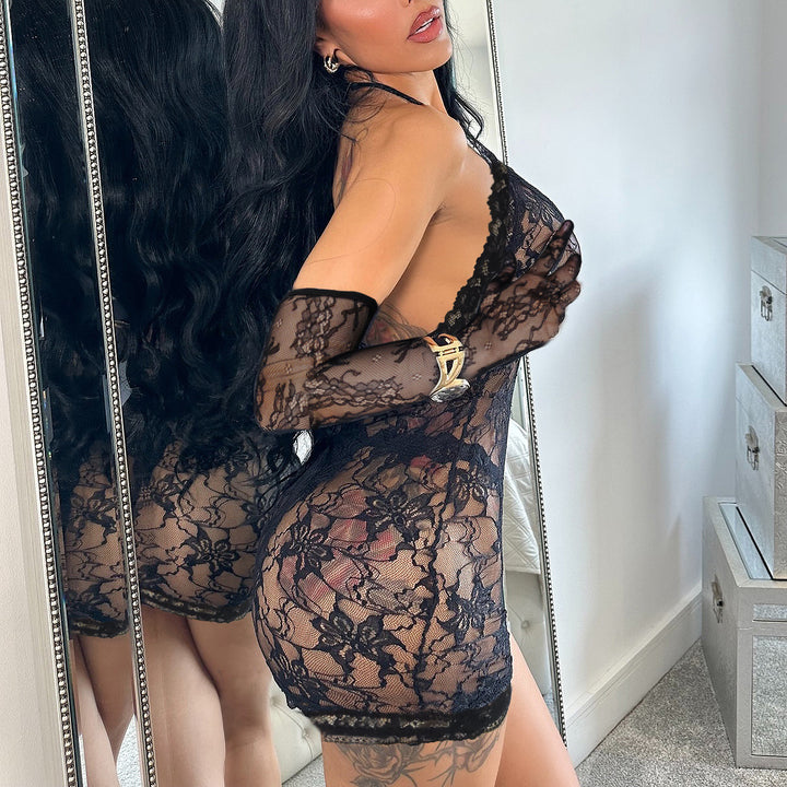 Sheer Lace Long Sleeve Mini Lingerie
