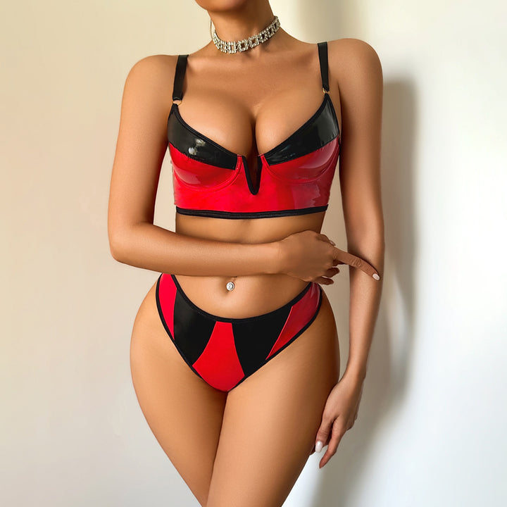 Colorblock PU Leather Lingerie Set