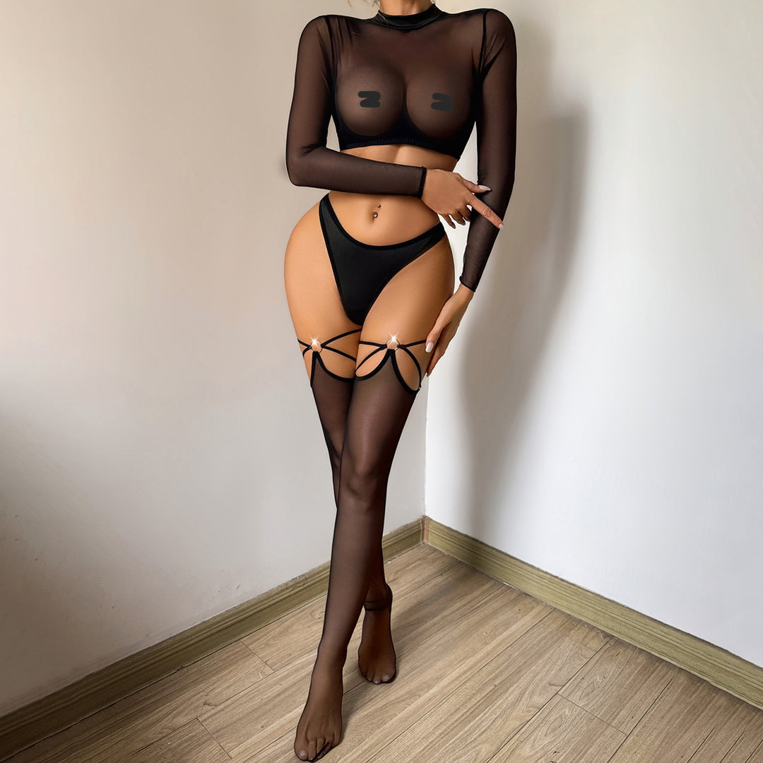 Sheer Turtle Neck Long-Sleeve Garter Lingerie Set