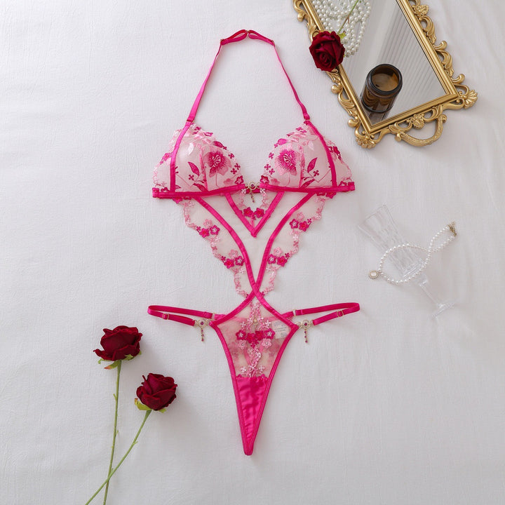 Pink Floral Lace Sheer Strappy Bodysuit