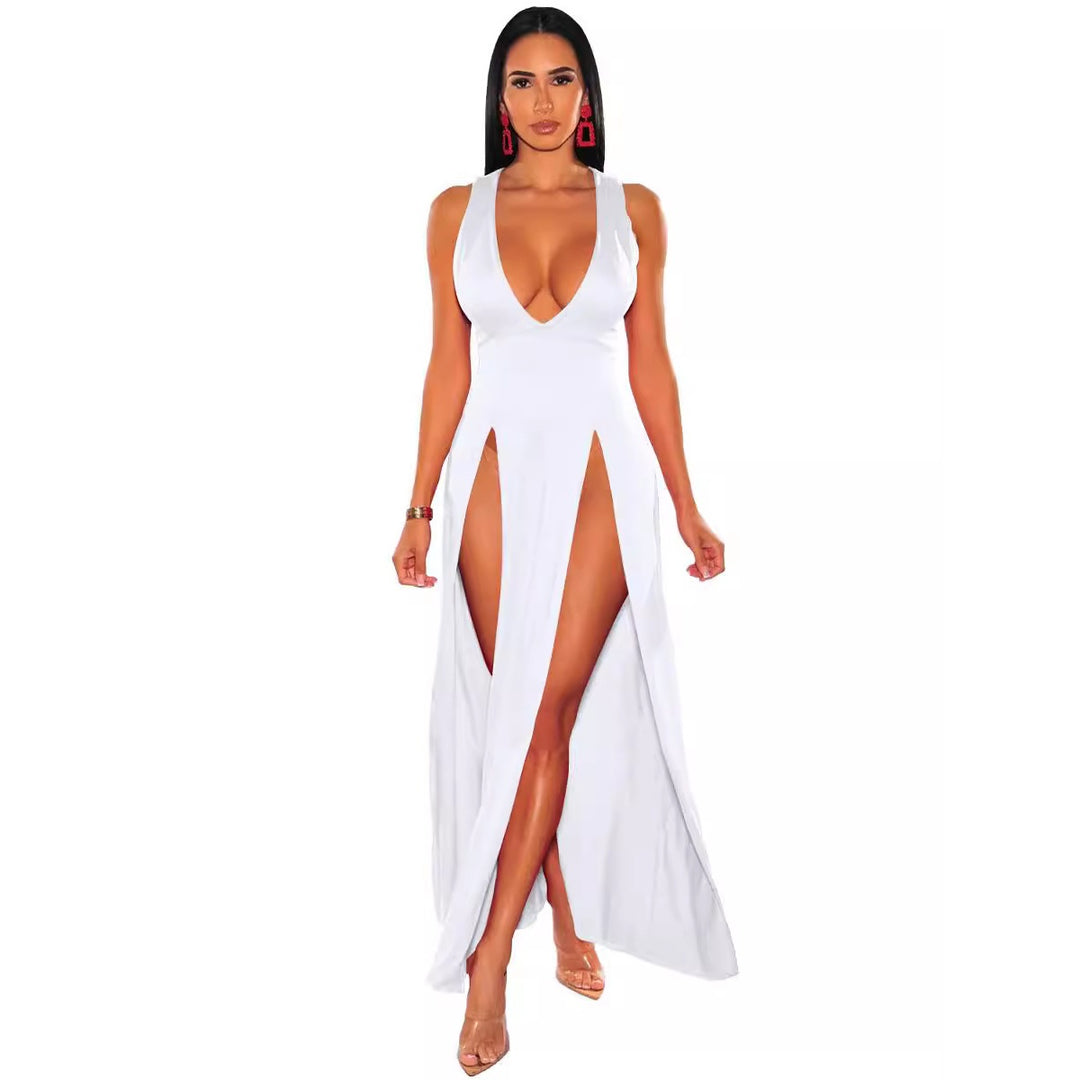 Deep V-Neck High Slit Maxi Dress
