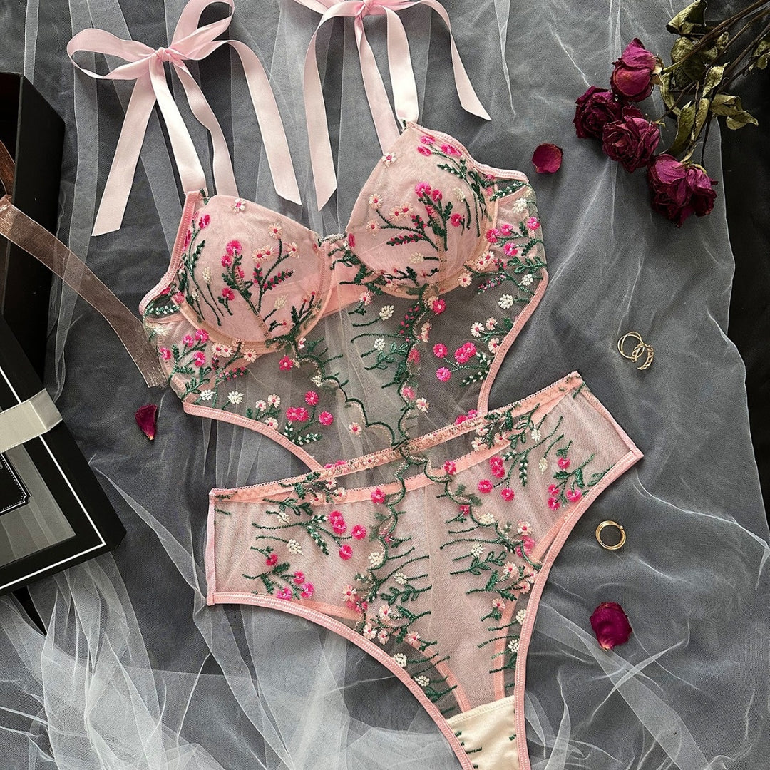 Floral Embroidered Ribbon Bow Sheer Teddy