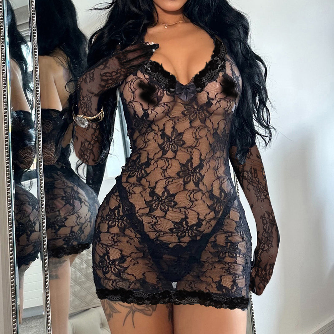 Sheer Lace Long Sleeve Mini Lingerie