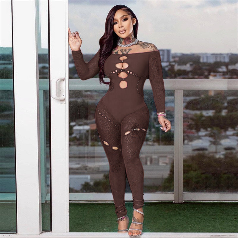 Rhinestone Cut-Out Long Sleeve Bodysuit