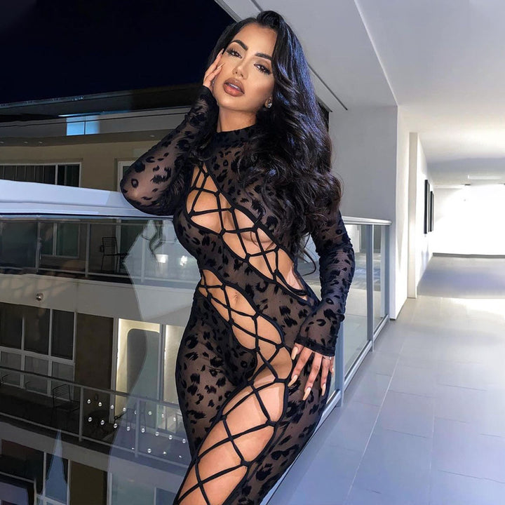 Sexy Leopard Mesh Cutout Jumpsuit