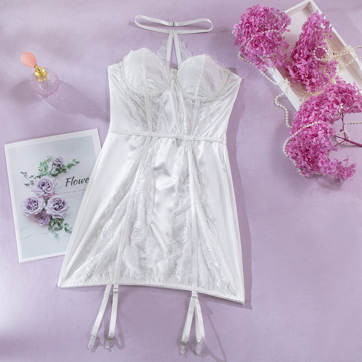 Sexy Lace Satin Lingerie Mini Dress with Garter Straps