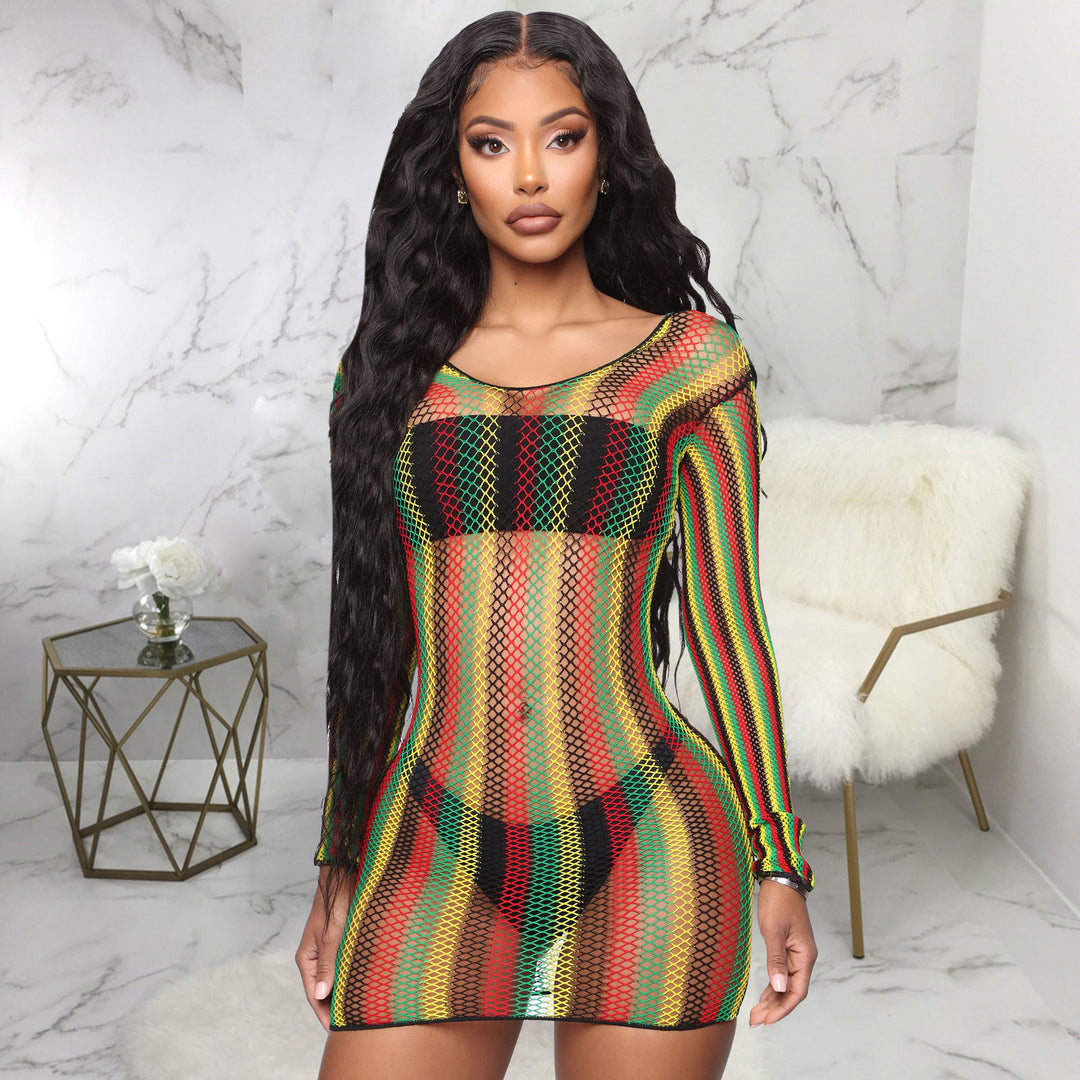 Rasta Stripe Long-Sleeve Fishnet Mini Dress