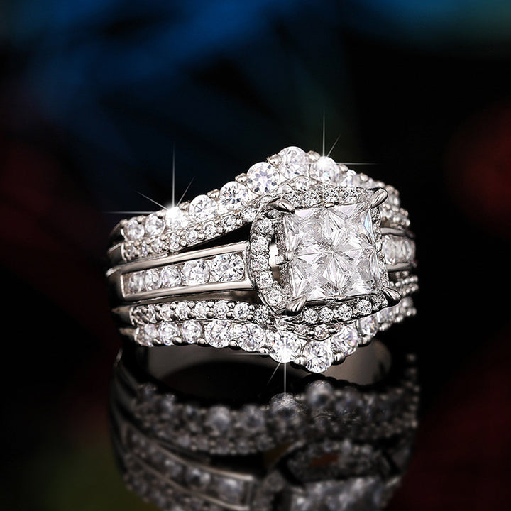 “Eternal Crown” Multi-Layer Pavé Square-Cut Statement Ring | Platinum Tone Finish