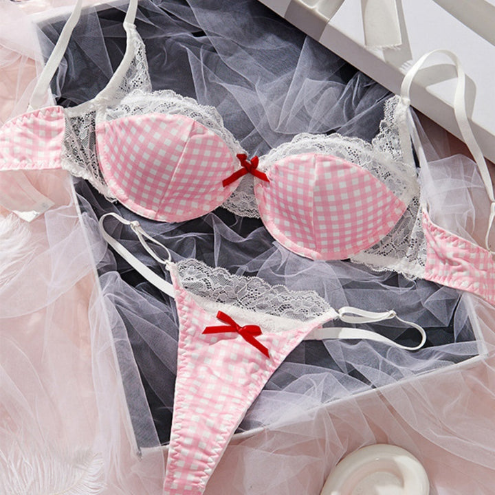 Pink Gingham Lace Bow Bra & Thong Set