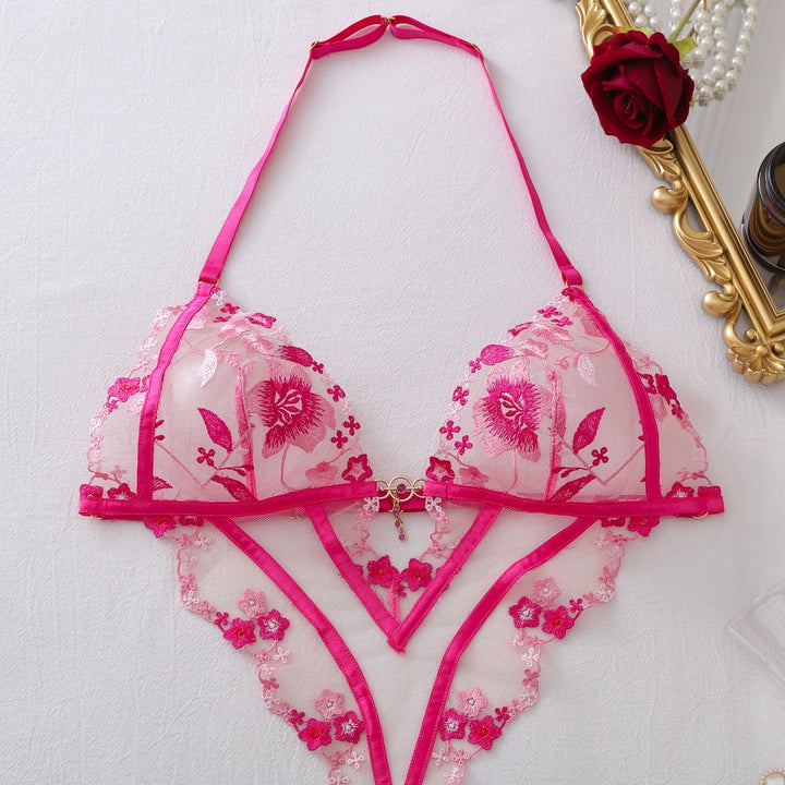 Pink Floral Lace Sheer Strappy Bodysuit