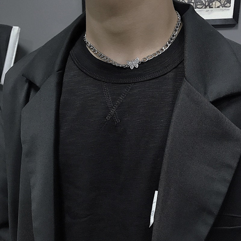 Diamond-Inlaid Butterfly Silver Spliced Necklace