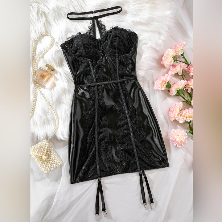 Sexy Lace Satin Lingerie Mini Dress with Garter Straps