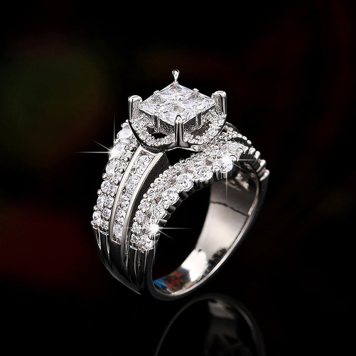 “Eternal Crown” Multi-Layer Pavé Square-Cut Statement Ring | Platinum Tone Finish