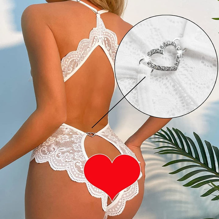 Deep-V Lace Teddy with Heart Ring