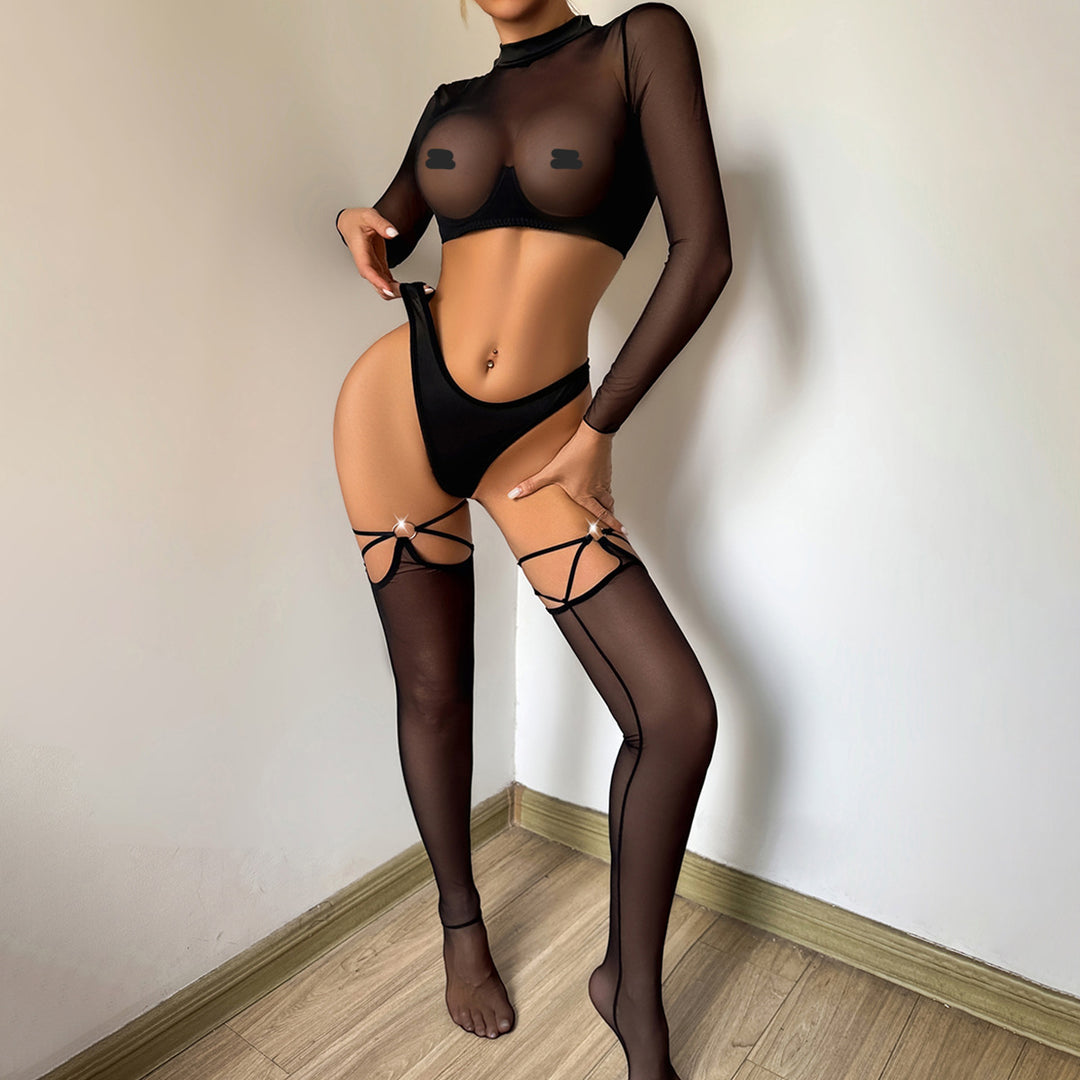 Sheer Turtle Neck Long-Sleeve Garter Lingerie Set