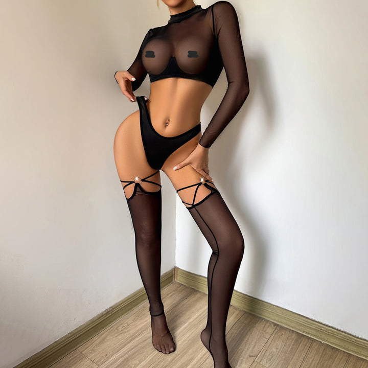 Sheer Turtle Neck Long-Sleeve Garter Lingerie Set