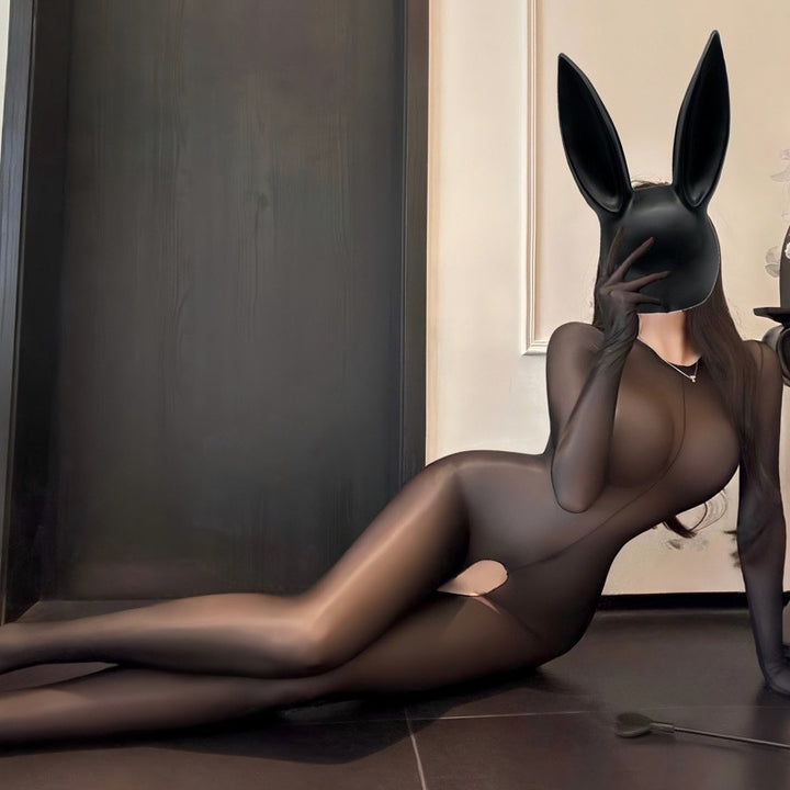Shiny Black Open Crotch Bodysuit