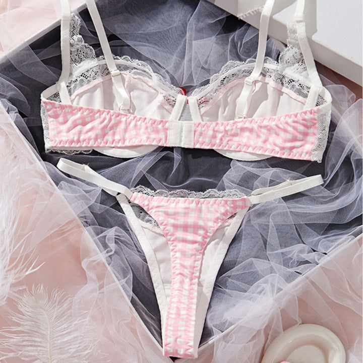 Pink Gingham Lace Bow Bra & Thong Set