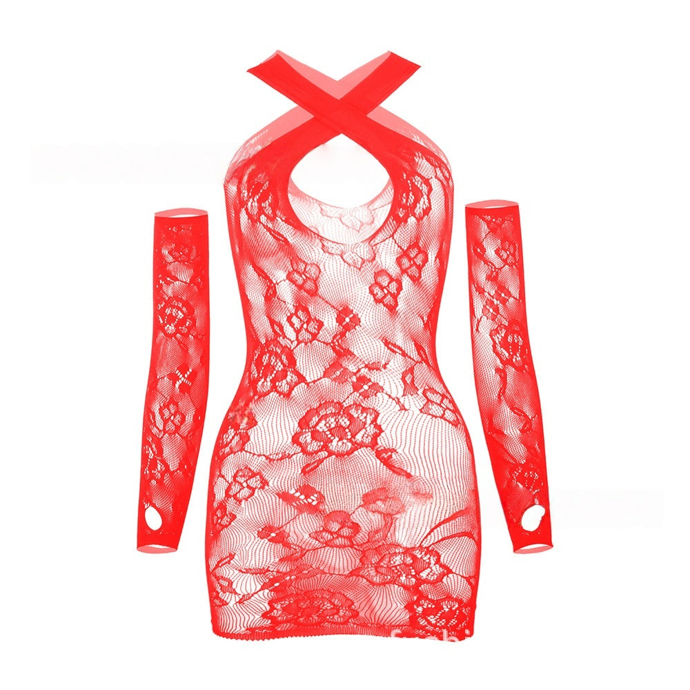 Cross-Neck Lace Long-Sleeve Mini Dress
