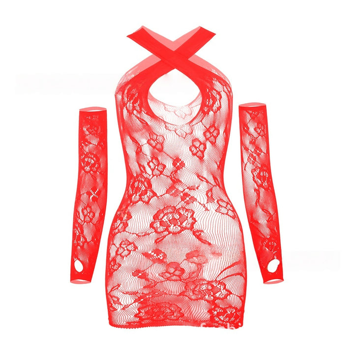 Cross-Neck Lace Long-Sleeve Mini Dress