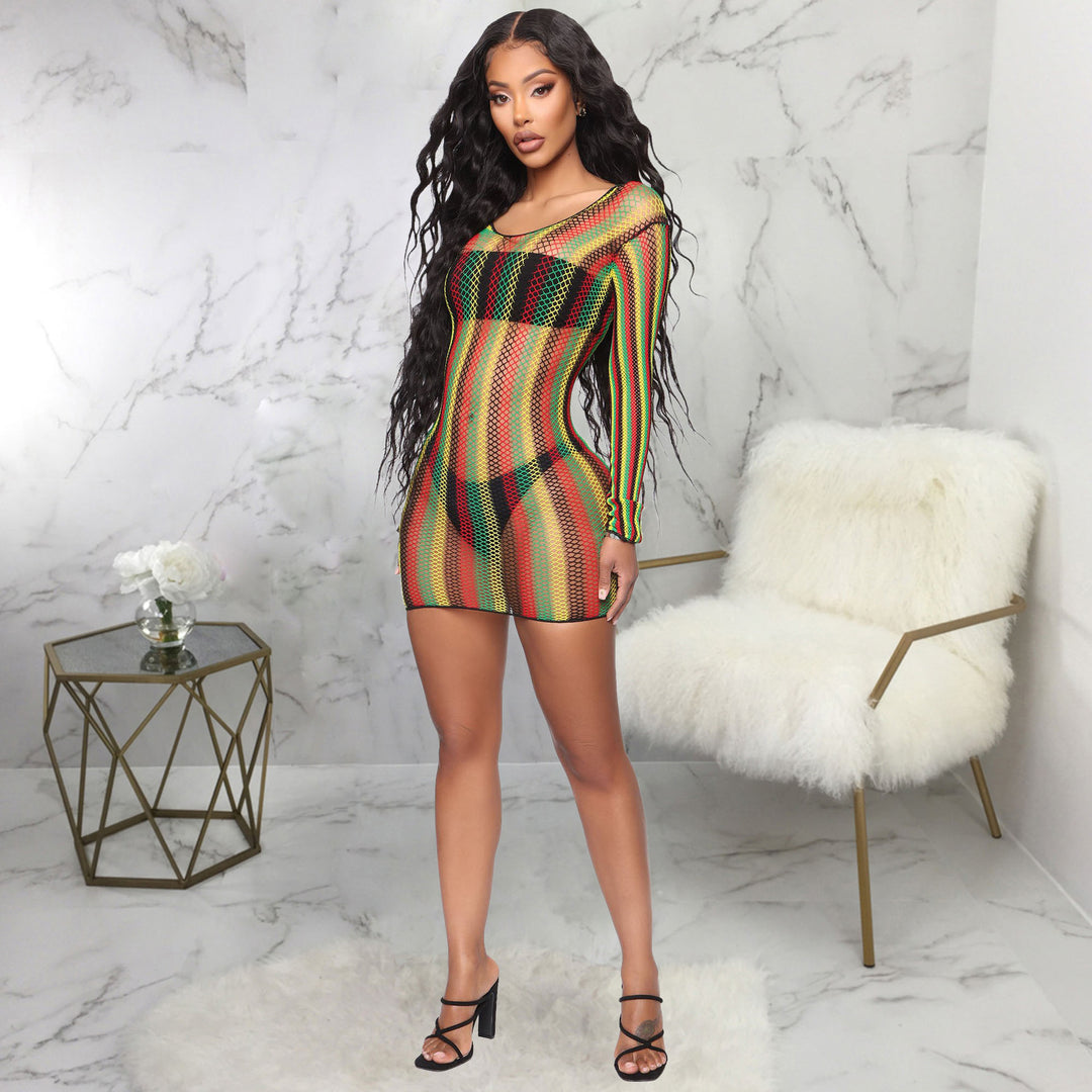 Rasta Stripe Long-Sleeve Fishnet Mini Dress