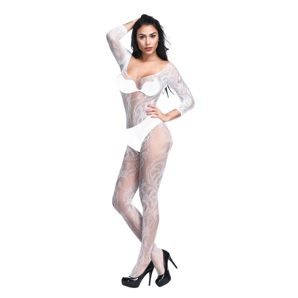Floral Lace 3/4 Sleeve Crotchless Bodystocking