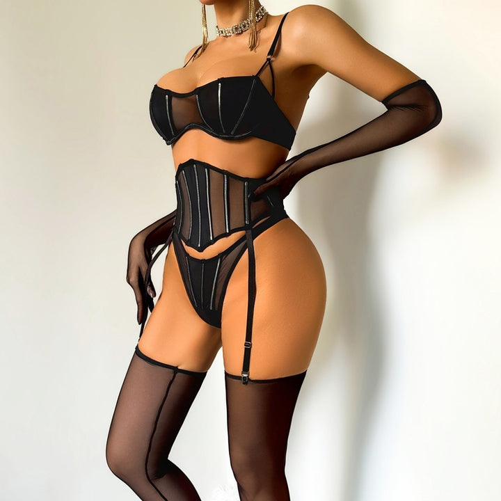 Sexy Sheer Corset Garter Set with Gloves