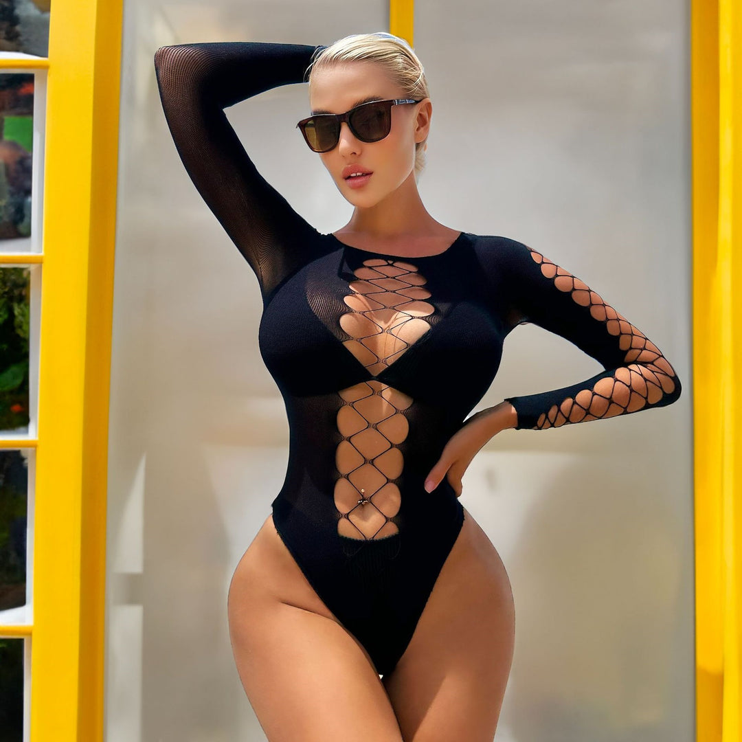 Crisscross Lace-Up Long-Sleeve Cutout Bodysuit